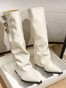 Bốt cao đến đùi màu trắng kiểu Pháp dành cho nữ, bốt cao gót mũi nhọn xếp ly, bốt giữ ấm chân thời trang - trắng - Xem 6