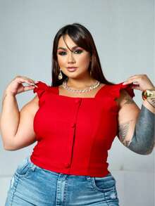 Women's Summer Plus Size Cropped Blouse With Ruffled Sleeves, Button Detail, Back Zipper, Curve Look, Sizes 44 To 54 - Red - View 1