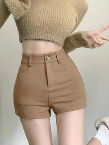 高腰修身短裤，弹性裤脚和侧开衩设计，夏季显腿长 - 卡其色 - 查看 5