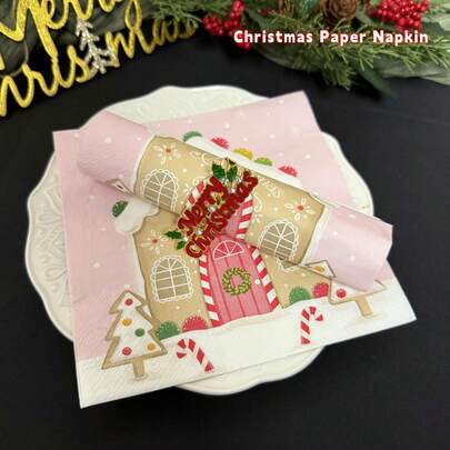 20pcs Christmas Napkins With Pink Style Snow House Patterns,Printed Dinner Tissues For Home Decor,New Year And Christmas Celebration,Merry Christmas Letter Design,Disposable Christmas Festive Party Deco Supplies