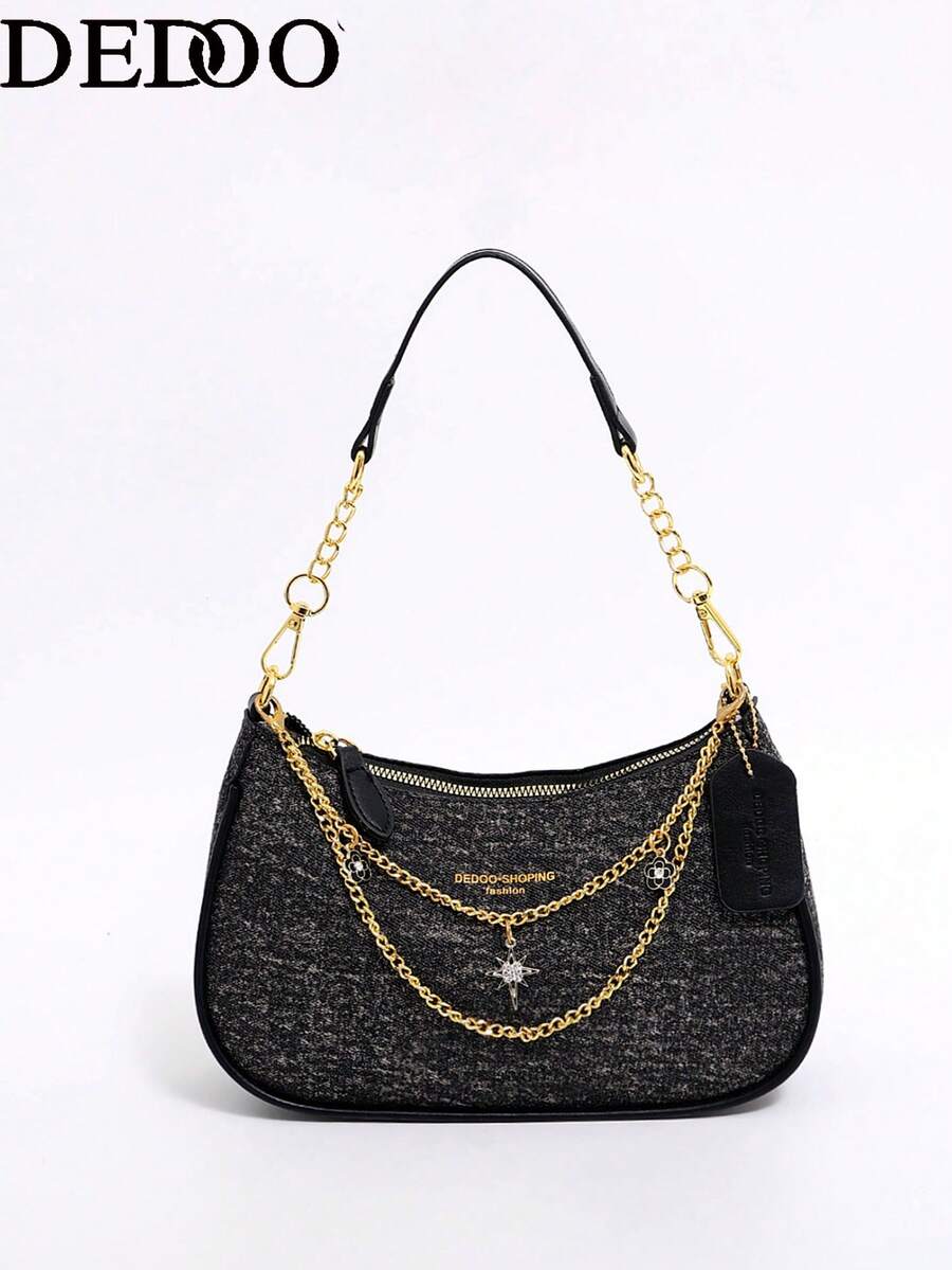 新款秋冬风格手提包/单肩包，奢华精致的新月形设计，时尚女士单肩包（含链条吊坠）。 - 黑色 - 查看 1