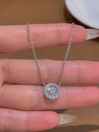 1pc Exquisite Full Inlay Zirconia Round Pendant Necklace Ladies Jewelry For Women 925 Sterling Silver Light Luxury Sparkling Clavicle Necklace Fine Jewelry Gifts For Girls Daily Life Dating Decor