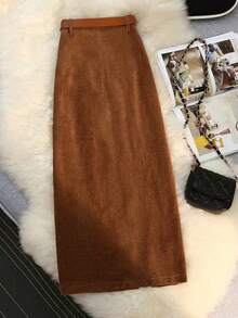 EARO Autumn/Winter Casual Versatile Street Corduroy High Waist Elastic Waist A-Line Skirt, Fashionable Elegant Design, Knee-Length