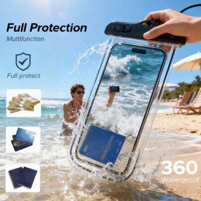 1个IPX8级防水手机壳，通用型，适用于IPX8级防水手机；透明水下干袋，适用于游泳、潜水、钓鱼、皮划艇等水上运动；“透明触屏干袋，适用于沙滩游泳、浮潜等水上运动”。