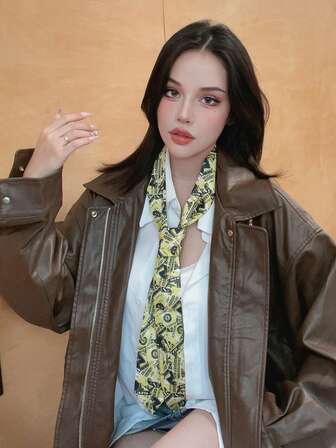 1件涤纶美元符号街头风时尚小众黄色手工领带，男女通用修身长围巾，可作发带、腰带、颈巾，适合所有季节