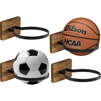 Wall Mount Holder With Wooden Base �C 4Pack Ball Storage Rack For Basketball, Football, Soccer &Amp; Rugby �C Sports...