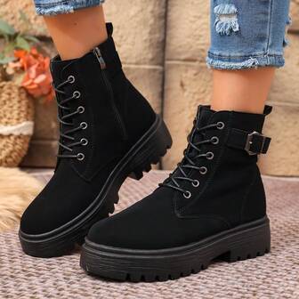 Plus Size Women's Autumn/Winter Ankle Boots, Side Zipper, British Style, Lace-Up, Thick Sole