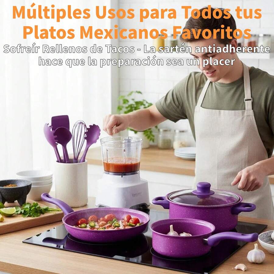 13 Piezas Set Antiadherente Púrpura - Sartén, Olla, Cazuela para Hogar - Multicolor - Ver 1