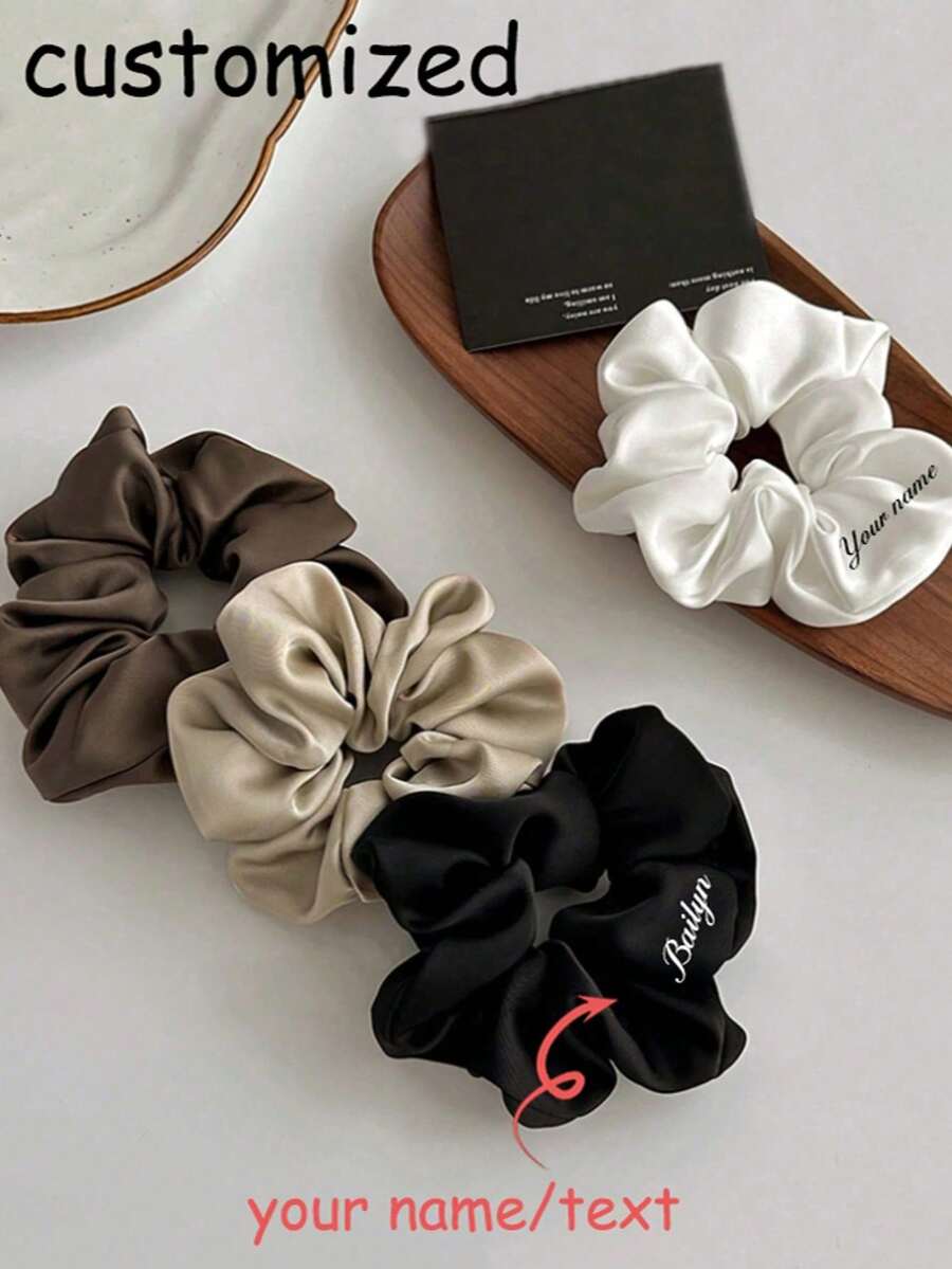Custom Name Silk Scrunchies, Custom Hair Scrunchies, Personalized Bride Scrunchie, Personalized Maid Of Honor Scrunchie, Personalized Hair Tie, Bridesmaid Gift Custom Hair Ties Custom Name Satin Scrunchies Personalized Hair Soft Satin Scrunchie Gift For Bridesmaid Wedding Gift, Anniversary Gift, Valentine Gift - Multicolor - View 1