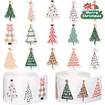 500pcs Bohemian Style Christmas Stickers - Soft Color Christmas Tree, Pine Tree, Polka Dots, Floral, Bow Patterns - Self-Adhesive (No Scissors Needed) For Holiday Decoration, Gifts, Cards, Parties - Disposable - Home, Office Or Classroom Decor, Holiday Crafts, Fun Design, Easy Peel, Decorative Labels, Gift Wrapping