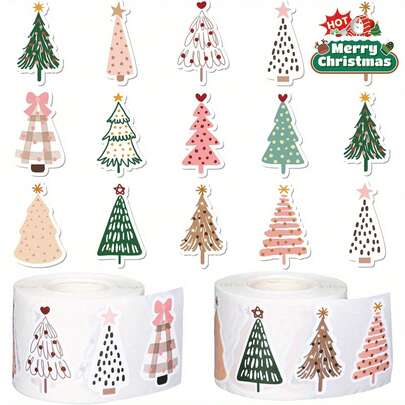 500 miếng dán Giáng sinh phong cách Bohemian - Cây thông Noel màu nhẹ nhàng, Cây thông, Chấm bi, Hoa, Họa tiết nơ - Tự dính (Không cần kéo) Dùng để trang trí ngày lễ, Quà tặng, Thiệp, Tiệc tùng - Dùng một lần - Trang trí nhà cửa, văn phòng hoặc lớp học, Đồ thủ công ngày lễ, Thiết kế vui nhộn, Dễ bóc, Nhãn trang trí, Gói quà