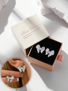Gift Box Elegant Pave Butterfly Stud Earrings, Full Crystal Rhinestone Bow Design Silver Tone, Sparkling Bridal & Wedding Jewelry, Classic Luxury Gift - Silver - View 8