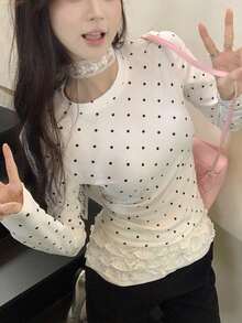 秋季韩版修身圆领波点塑身百搭长袖打底衫，面料随机 - 白色 - 查看 3