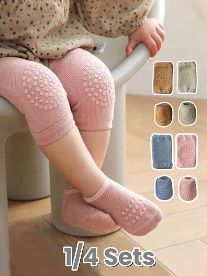 1/4 set di calzini e ginocchiere per neonati con motivi cartoni animati, con punti antiscivolo sul fondo per bambini piccoli