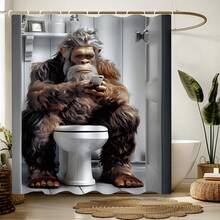 1pc High Quality Furry Monster Pattern Shower Curtain, Gorilla Playing With Phone, Gorilla Playing With Phone On Toilet Shower Curtain Waterproof And Mildew Resistant, Machine Washable, Made Of Polyester, Non-Light-Blocking, Lightweight And Breathable. Color May Vary Slightly Depending On Lighting Conditions. Includes 12 Hooks - Artistic Bathroom Decor. - Multicolor - View 1