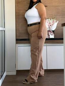 Straight Leg Plus Size Tailored Trousers 46-50 With Belt, Button And Zipper Closure 8827 - 米色 - 查看 3