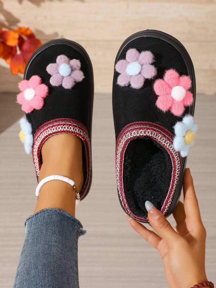1 Pair Retro Fluffy Flower Mule Slippers, Floral Print Cute Fabric Applique House Slippers, Suitable For Autumn/Winter - Black - View 1