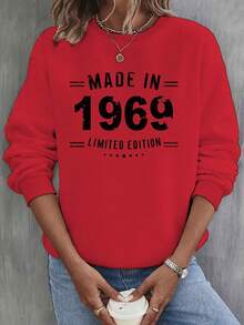 Suéter de Cuello Redondo con Estampado Gráfico para Mujer 1969 - Rojo Vibrante Inspiración Vintage, Tejido Suave Lavable a Máquina para Otoño y Primavera, Sudaderas Lindas, Pulóver Cómodo, Conjunto de Primavera, Estilo Retro, Material Duradero, Top de Jersey, Para Amantes del Retro - Negro - Ver 14