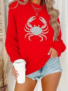 Women's Crab Print Sweatshirt With White Crab-Shaped Bead Design - Slim Fit Long Sleeve Round Neck Sweater, Machine Washable Crab Pattern Sweater, Suitable For Autumn And Winter Seasons, Crab Theme Party Outfit (Casual Crab Outfit) - Brown Crab Sweater, Women's Sweater, Women's Autumn Clothing, Halloween Sweater, Ugly Christmas Sweater, Women's Christmas Sweater, Women's Ugly Christmas Sweater, Christmas Sweater, Women's Autumn Clothing, Women's Long Sleeve Top, Women's Christmas Sweatshirt, Women's Autumn Sweater, Women's Sweater, Autumn Sweater, Halloween Sweater, Women's Sweater And Pullover, Women's Sweater - New Crew Neck Sweatshirt 2026 - 紅色 - 查看 7
