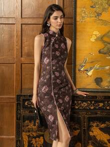 Faeriesty Sườn xám phong cách Trung Hoa mới dành cho nữ: Cổ đứng nhỏ, không tay, thiết kế hoa xẻ tà - Hoàn hảo cho các buổi dạ tiệc trang trọng, tiệc tối, tiệc cưới, lễ nghi văn hóa, tiệc tối kinh doanh cao cấp - màu nâu - Xem 7