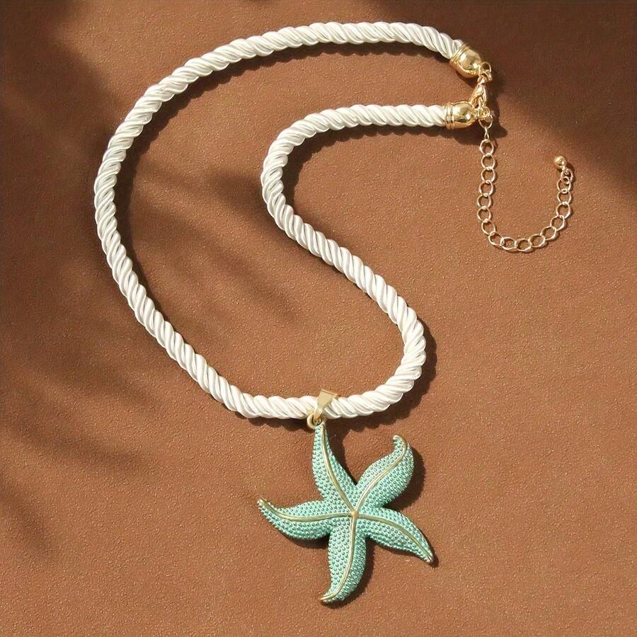 Vintage Beach Style Blue Starfish Pendant Necklace - Zinc Alloy Jewelry With Turquoise And Gold Accents, Women's Daily And Special Occasion Jewelry, Valentine's Day Gift - 彩色 - 查看 1