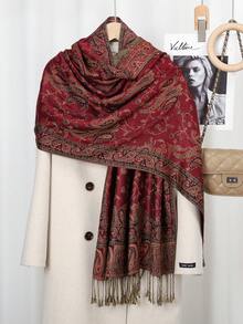 وشاح نسائي مطرز بنمط البيزلي مع شرابات، شال طويل بطراز بوهيمي عتيق مريح، مناسب للارتداء اليومي، الخريف / الشتاء - عنابي اللون - مشاهدة 7