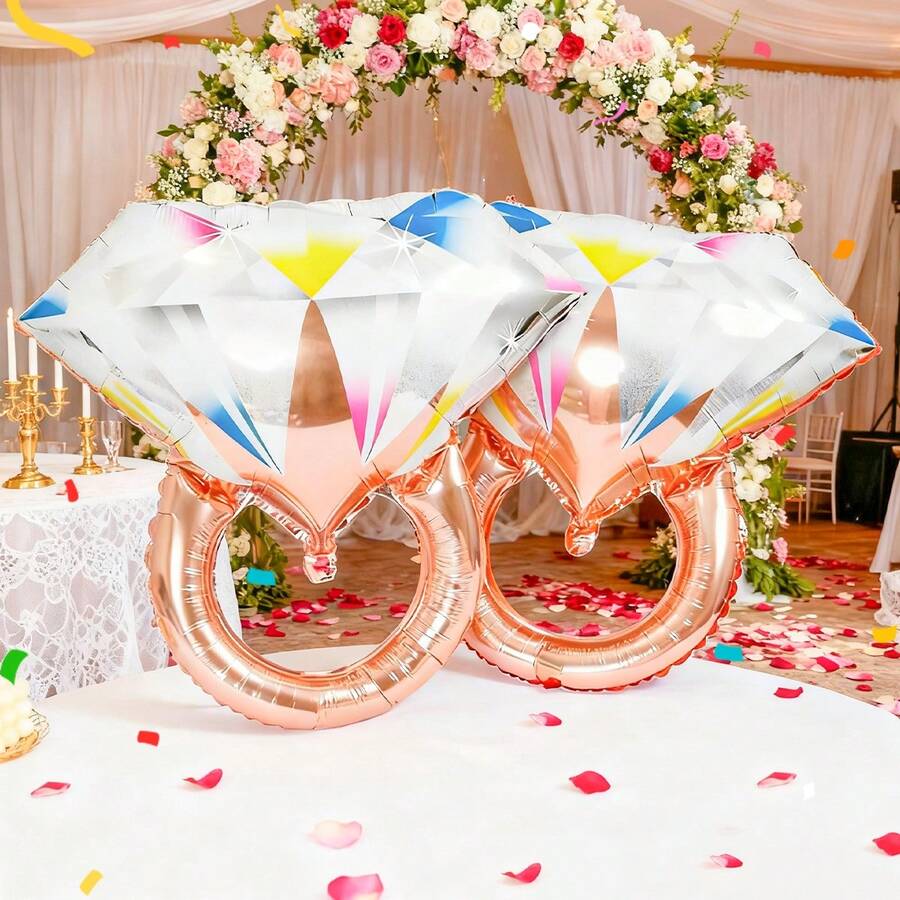 2/4个婚礼装饰钻石戒指气球，玫瑰金钻石订婚戒指涤纶薄膜气球，订婚结婚新娘礼物，情人节派对用品