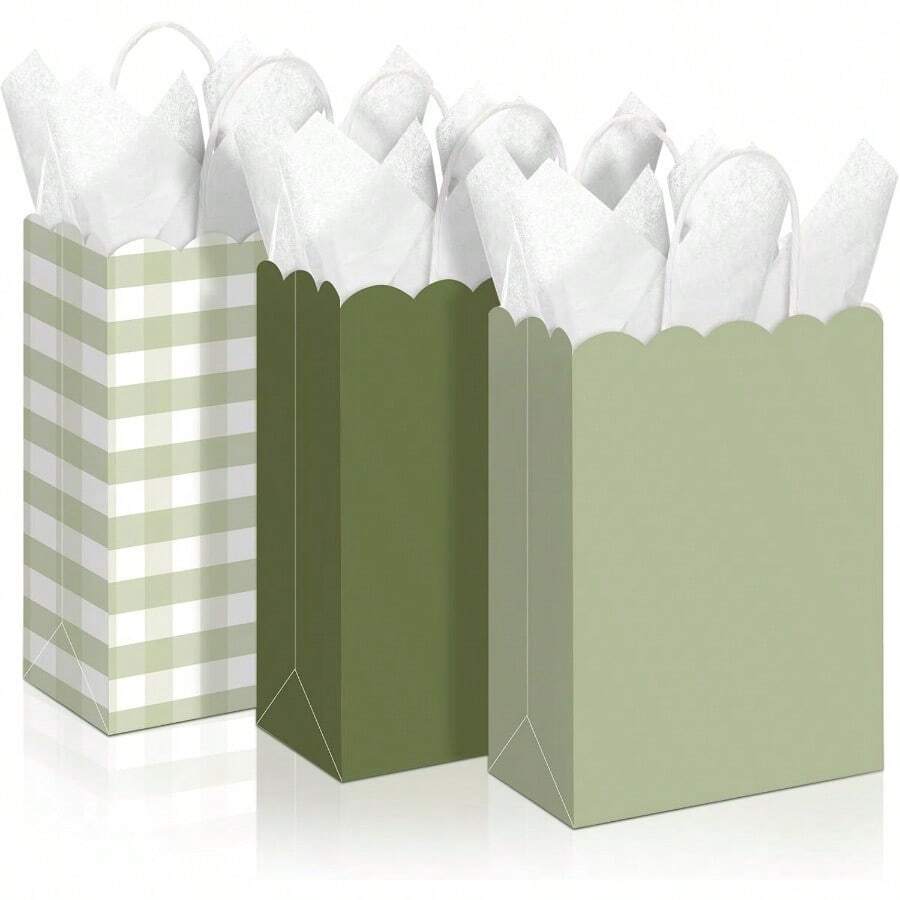 D24 Pcs Sage Green Gingham Party Plies Gift Bags With Handles Scallop Kraft Paper Treat Goodie Party Favor Bags For Baby Shower Birthday Wedding Decor Sage Green - 鼠尾草綠 - 查看 1