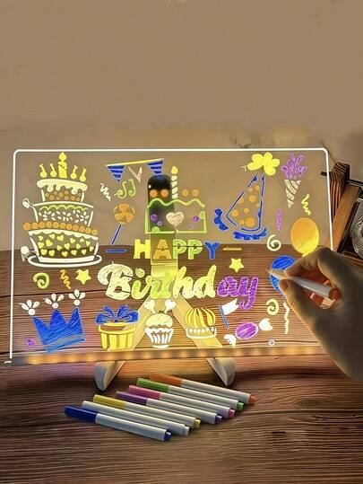 1 pieza Tablero de dibujo iluminado y borrable de acrílico, Bloc de notas iluminado LED recargable, Pizarra de mensajes, Bloc de notas, Bloc de notas LED alimentado por USB, Con soporte, Pizarra reutilizable para garabatear, Paño de limpieza, Bolígrafos de colores, Adecuado para decoración de dormitorio y estudio, Escritorio de computadora de estudio, Elemento de dibujo y decorativo, Regalo para fiestas, cumpleaños y vacaciones