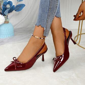 Women's High Heel Pumps, Burgundy Color French Toe Strap Sandals, New Summer Bowknot Pointed Toe Backless Heels