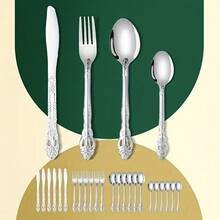 4/16pcs Vintage Embossed Handle Cutlery Set, Elegant High-End Palace Style Knife, Fork, Spoon, Dessert Spoon Combination - Mirror Finish, Dishwasher , Suitable For 1-4 People, Ideal For Home Kitchen, High-End Hotel, Restaurant, Party, Holiday And Wedding