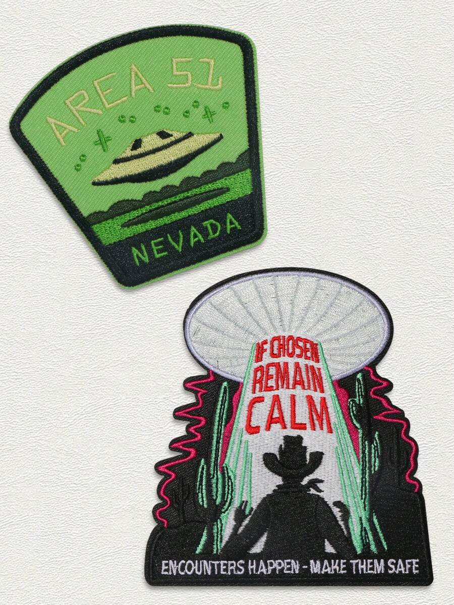 2pcs UFO Travel Iron-On Patches, Alien And Glow-In-The-Dark UFO Embroidered Applique Badges For Men's Fashion Accessories, Sewing Enthusiasts, Clothing, Bag And Hat Decoration, Bag Embellishment, DIY Crafts, Casual Fashion, Alien Theme, Sewon Applique, Fabric Badge, Fashion Badges, Decorative Patches, Men's Accessories, Patch Collectors - 彩色 - 查看 1