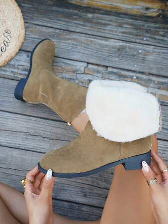 Damstövlar med mellanhög klack, Korta stövlar med mellanhög klack, Varma vinterskor, Enfärgade vardagsskor