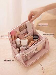 分格竖款化妆包 - 大容量旅行化妆品收纳包，多功能隔层设计，柔软材质，便携式桌面护肤美容工具收纳盒，女士礼物，圣诞礼物，女士送礼佳品 - 彩色 - 查看 8