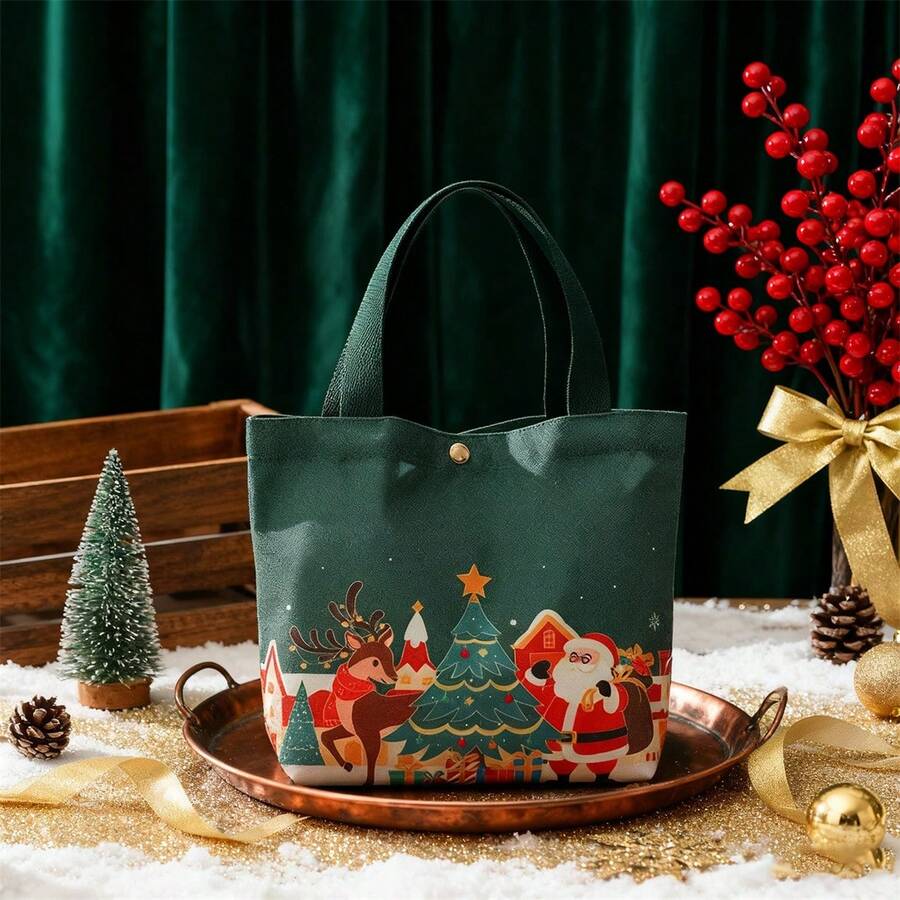 Christmas Treat Bags With Handles Santa Reindeer Print Tote Bag Apple Bags Candy Bags For Kids Adults, Holiday Decor - Green - View 1
