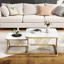 Two-Piece Square Coffee Table Set, Nestable Next To A Sofa, Multi-Functional Side Table With Gold Metal Frame Legs And White Marble-Patterned Tabletop, Suitable For Living Room, Dimensions 70*70*43 Cm, White + Gold. - Platinum - View 4