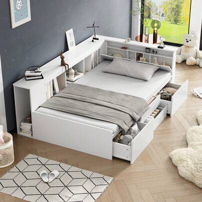 Children's Bed, 90 X 200 Cm, Single Bed, Multifunctional Children's Bed With Drawers, Bookcase And Storage Cabinet, Bed Box With Storage Space, Without Mattress, White