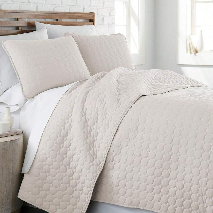 Full/Queen Quilt Bedding Set, Microfiber Quilts Queen Size, Coverlet, Stain & Pet Hair Resistant Bedding, Full Size Bedspread With 2 Pillow Shams, Bone, 2025 - 26 - 骨環針法 - 查看 1