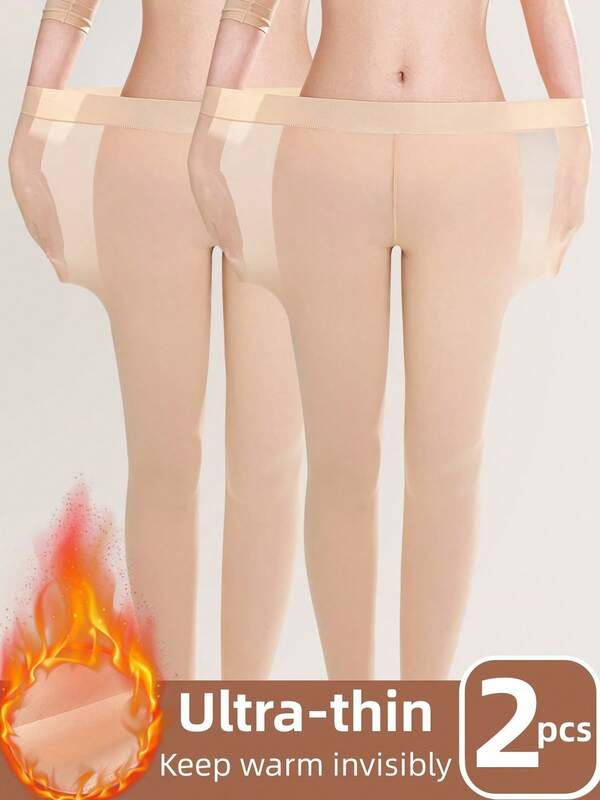 Conjunto de 2 Calças Térmicas Ultrafinas Sem Costura, Calças Justas Elásticas de Cintura Alta para Outono e Inverno, Roupa Íntima Feminina e Pijama