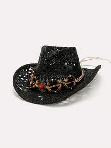 1顶男女通用木珠贝壳装饰西部牛仔帽，镂空印花草编遮阳帽，适合春夏旅行、海滩、休闲佩戴（帽檐可能因变形而在收到产品后需要手动调整） - D - 查看 22