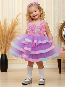 Baby Girls Colorful 3D Flower Cake Tutu Dress, & Cute Flower Girl Dress For Birthday Party, Comes With Headband - Purple - View 4