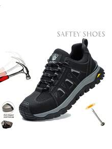 (Size Runs Small, Please Order One Size Large)1 Pair Steel Toe Shoes For Men Safety Shoes For Women,Work Safety Shoes Steel Toe Sneakers Comfortable Lightweight Work Trainer Puncture Proof Black Rubber Sole Indestructible Work Shoes For Climbing,Warehouses,Gardening,Outdoor Work And Prefect Gifts And Construction Work Protective Boots For Outdoor Exploration,Traveling,Running Shoes Hiking Shoes For Men Women Shoes - Black - View 4