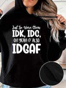 Winter And Autumn Women's Plus Size Letter Print Hoodie, Drawstring Casual Hoodie, Women's Plus Size Clothing - 黑色 - 查看 1