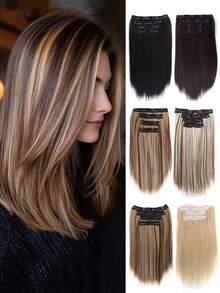 4pcs 14Inch Hair Extensions Synthetic Clip-In Hair Extension Short Straight Soft Invisible Brown Blonde Hairpiece For Women Straight Natural Soft Synthetic Hairpiece For Women - Black - Multicolor - View 1