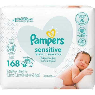 Toallitas húmedas Pampers Sensitive Water Baby, 2 paquetes con tapa abatible, 168 unidades