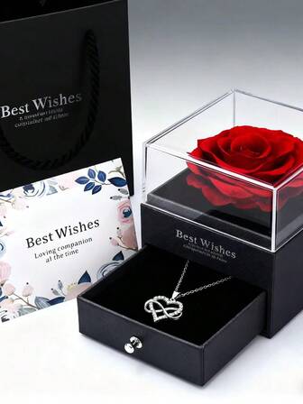 情人节超亮合成锆石镶嵌无限爱心符号吊坠项链，礼盒包装，祝福卡，礼品袋，情人节礼物，送给女友、妻子、妈妈，表达无限爱意的小礼物