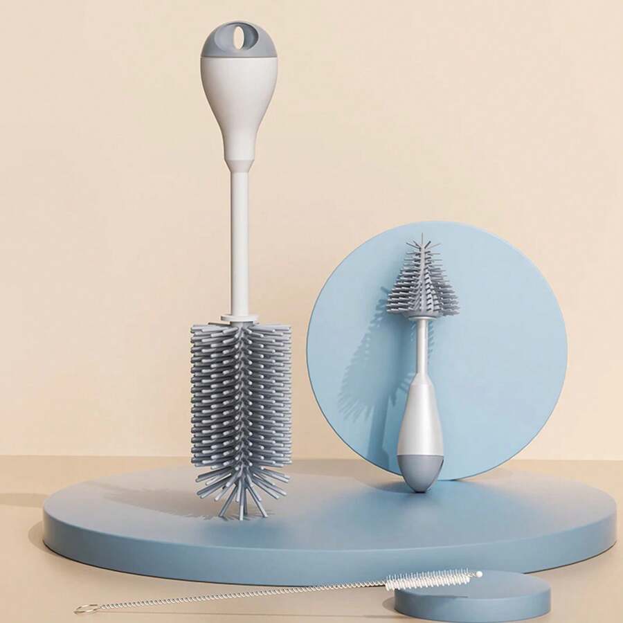 Juego de cepillos de limpieza de silicona 3 en 1 con rotación de 360 grados para chupetes, vasos de agua y recipientes con pajitas - Azul - Ver 1