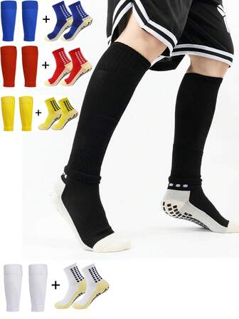 Set de 2 piezas Combo de deportes de fútbol juvenil, calentadores de pierna antideslizantes adhesivos para fútbol/mangas protectoras para espinilleras, hechas de tejido de punto de poliéster, adecuadas para niños de 10 a 18 años, entrenamiento deportivo profesional al aire libre