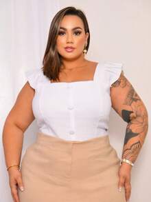 Women's Summer Plus Size Cropped Blouse With Ruffled Sleeves, Button Detail, Back Zipper, Curve Look, Sizes 44 To 54 - Blanco - Ver 3