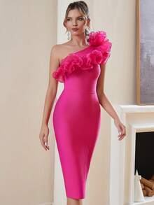 Women's Elegant One-Shoulder Bandage Dress With Luxurious Ruffle Trim And High Slit, Suitable For Parties, Dates And Cocktail Events - Hot Pink - View 6